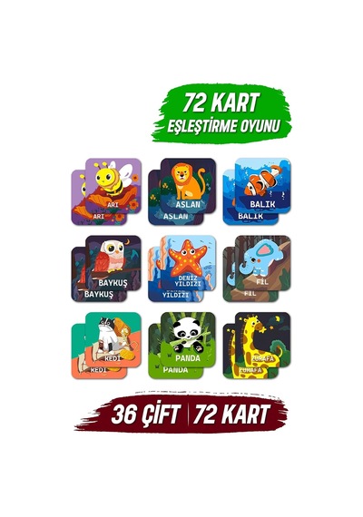 Ahşap Zeka Kartı Eşleştirme Oyunu 72 Parça Sevimli Hayvanlar Türkçe Kartlar