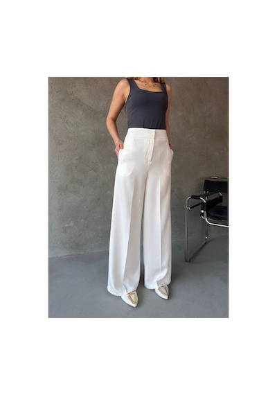 Arba Pantalon Beyaz Krep Kumaş Dökümlü Beyaz Beyaz