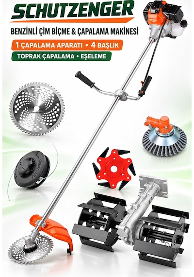 Schutzenger Hp-96 Ot Çim Biçme Benzinli Çapalama Eşeleme Aparatlı Tel Fırça 6 Bıçaklı Set Bahçe Tarla İçin Profesyonel