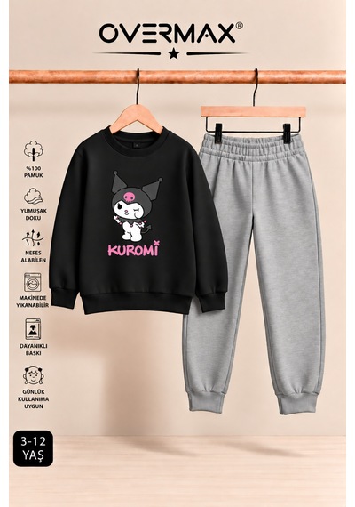 Overmax Kuromi Baskılı Kız Çocuk Kapüşonsuz Sweatshirt & Eşofman Takımı- 3-12 Yaş Siyah Üst-gri Alt - 922298980 Siyah Üst-gri Alt