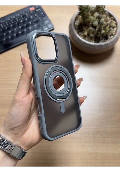 Apple iPhone Uyumlu 16 Pro Standlı Ve Yüzüklü Magsafe Kılıf Soocase721 Gri