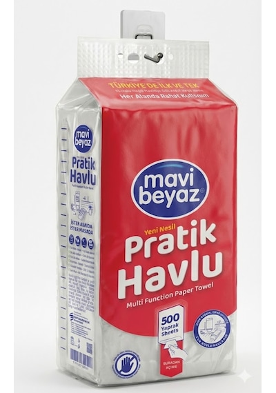 Mavi Beyaz Pratik Havlu 500 Yaprak - Yeni Nesil Çok Amaçlı Kağıt Havlu Asma Aparatı Hediyeli