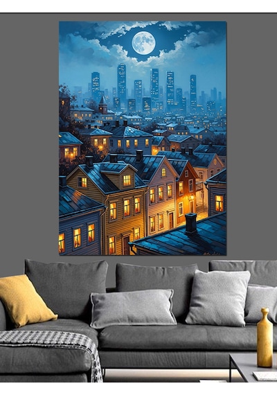 Ahşap Tablo Gece Işıklarıyla Parlayan Şehir Silüeti Ünlü Tabloları