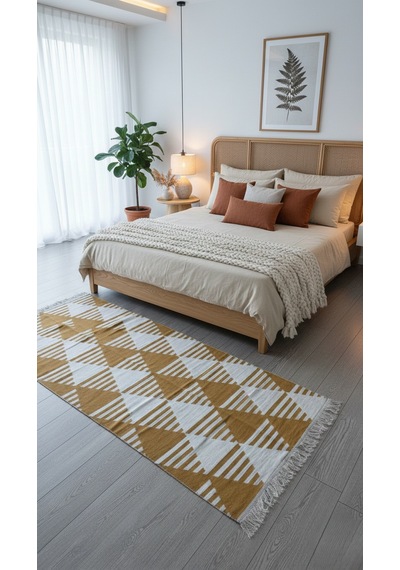 Hardal Geometrik Desenli Modern Kilim - Makinada Yıkanabilir Renkli