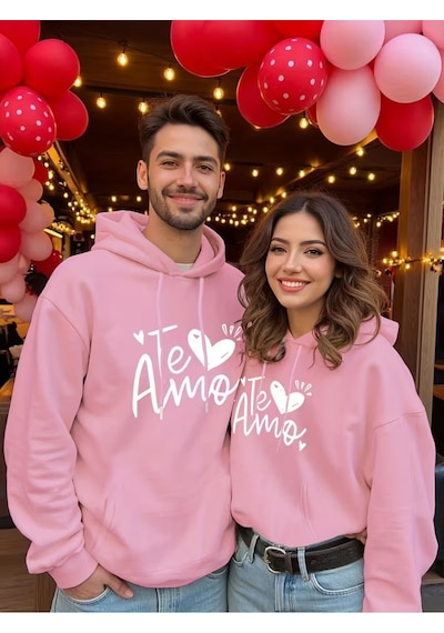 Nevermind Te Amo Çift Hoodie Oversize Unisex Sevgili Kombin Sweatshirt Pembe