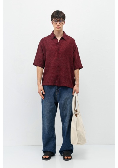 Vamos Oversize Desenli Kısa Kollu Gömlek Bordo