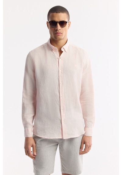 Avva Erkek Pembe Düğmeli Yaka %100 Keten Comfort Fit Gömlek B002191