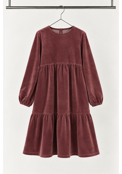 Moda Gül Kurusu - Kız Çocuk Modest Pamuk Kadife Midi Elbise Bordo Bordo