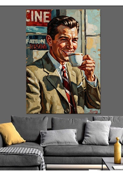 Ahşap Tablo Kahve İçen Retro Klasik Adam