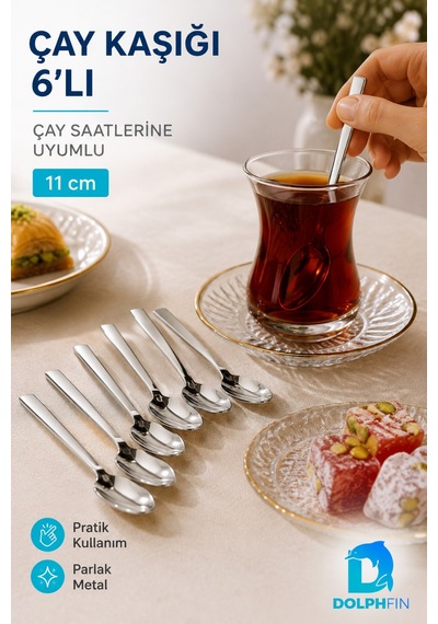 6 Lı Paslanmaz Çelik Çay Kaşığı Seti 11 Cm İnce Yassı Saplı Parlak Metal Kaşık Metalik
