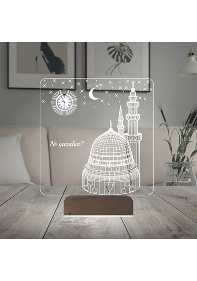 Luvivia Cami Tasarımlı Kişiye Özel Metal Saatli 3d Lamba - Masa Gece Lambası Şeffaf