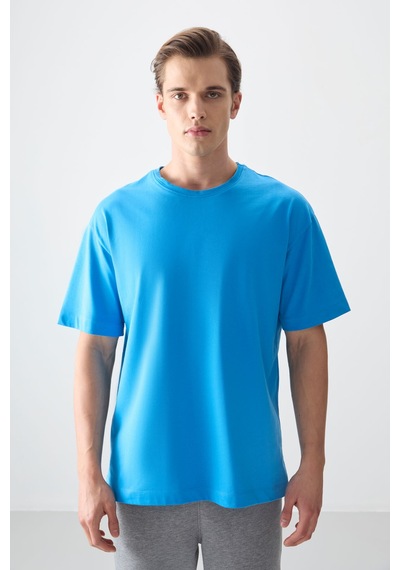 Air Jones Tommy Life Petrol Mavi %100 Pamuk Kalın Yumuşak Dokulu Oversize Fit Basic Erkek T-shirt - 88353 Petrol Mavi