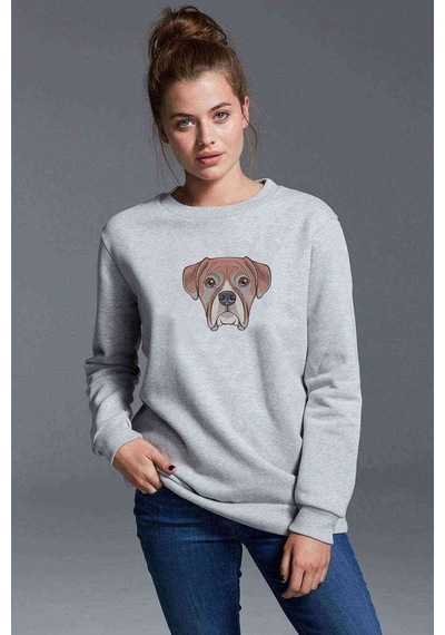 Dog Head Köpek Baskılı Gri Kadın Sweatshirt (528296055)