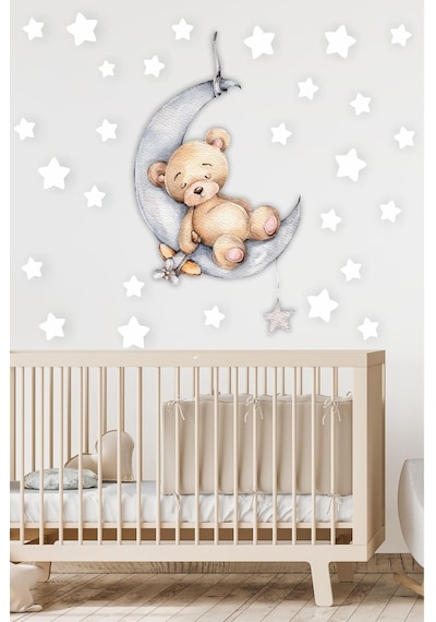 MSticker Ayda Uyuyan Sevimli Ayıcık Ve Beyaz Yıldızlar Çocuk Bebek Odası Sticker Seti