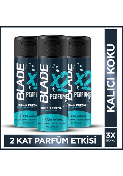 Blade X2 Perfume Urban Fresh Erkek Deodorant Body Spray 3x150 Ml Leke Bırakmaz %0 Alüminyum