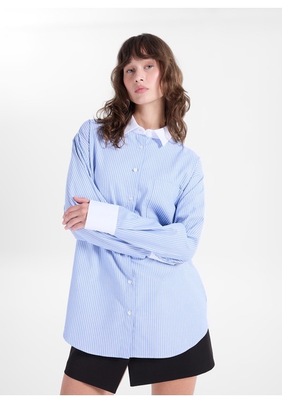 Fabrika Mavi Kadın Regular Fit Çizgili Gömlek F6wl-gml0108 Mavi-Beyaz