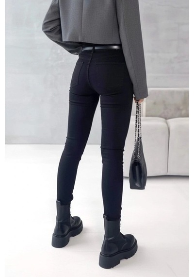 Defymoda Kadın Yüksek Bel Cepli Kemersiz Kot Pantolon Siyah