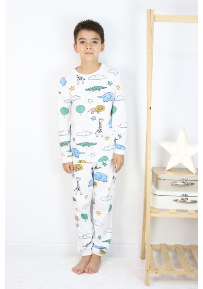 Harika Kids Erkek Çocuk Baskılı İnterlok Kumaş Uzun Kollu Pijama Takımı Beyaz