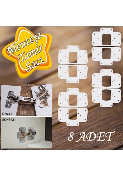 Dolap Kapak Taş Menteşe Tamir Sacı Pratik Onarım Kiti Beyaz Metal Yuva Tablası 6.5 X 9 Cm 8 Adet
