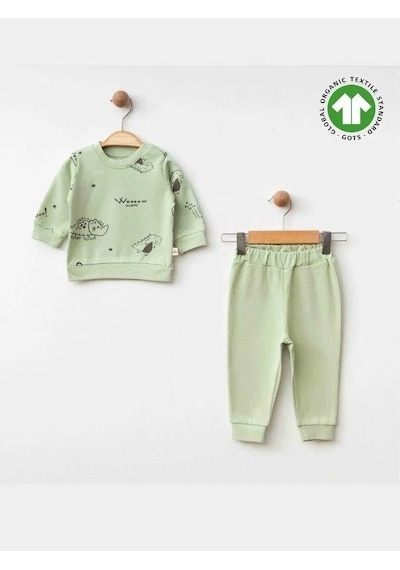 Zekids Erkek Bebek Dinazor Baskılı Organik Eşofman Takım-15481 Yesil