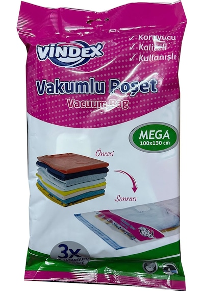 Vindex Vakumlu Giyisi Yastık Yorgan Saklama Torbası Poşeti Hurç - Mega - 100x130 Cm. - 1 Paket 140l
