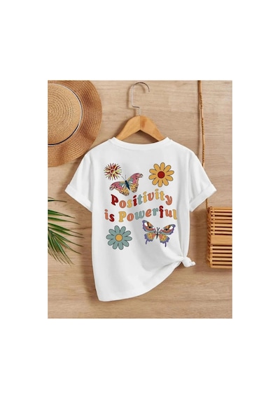 Kız Çocuk Bisiklet Yaka Baskılı T-shirt - Beyaz