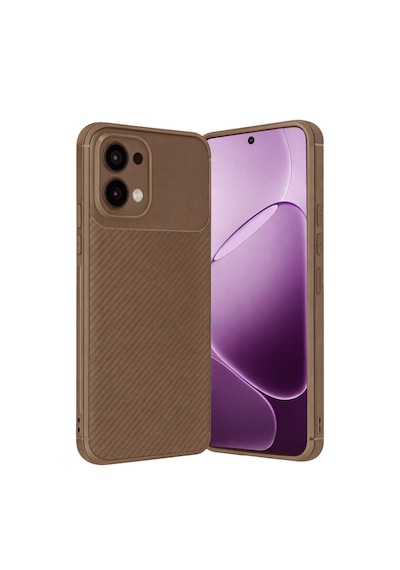 Oppo A6 Pro Uyumlu Karbon Fiber Desenli Auto Focus Lens Korumalı Şık Kılıf Kahverengi