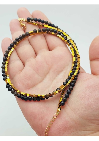 Yasamtohumu Lucid Dream Serisi Golden & Siyah Obsidyen Taşı 4mm Kolye 24290 Çok REnkli Çok Renkli