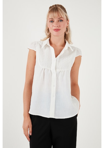 Lela Dantel Detaylı Kısa Kollu Regular Fit Bayan Gömlek 611Go0215 Ekru