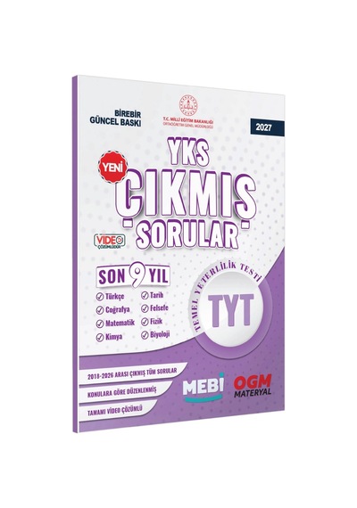 2027 YKS-TYT Tüm Dersler MEBİ Yeni Nesil Çıkmış Soru Bankası Son 9Yıl Video/PDF Çözümlü BASKI ÜCRETİ