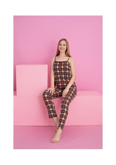Rindahomewear Kadın Ekose Baskılı Milan Askılı Pijama Takımı Çok Renkli