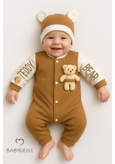 Babyden's Teddy Bear Temalı Yenidoğan Fitilli Tulum Takımı Ayıcıklı Erkek Bebek Tulum Şapka Set %100pamuk Kahverengi