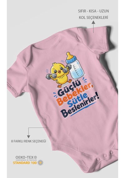 Morivokids Güçlü Bebekler Sütle Beslenir Kısa Kollu Bebek Body %100 Pamuk Koyu Pembe