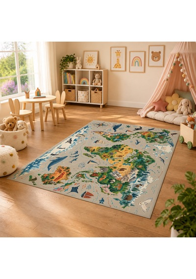 Kartela Halı Dünya Kaşifi Çocuk Oyun Halısı Kaymaz Dot Taban Yıkanabilir 180 X 270 Cm