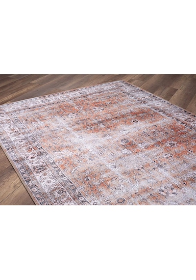 Solgun Turuncu Ve Krem Eskitme Çiçekli Vintage Halı - Al159ou