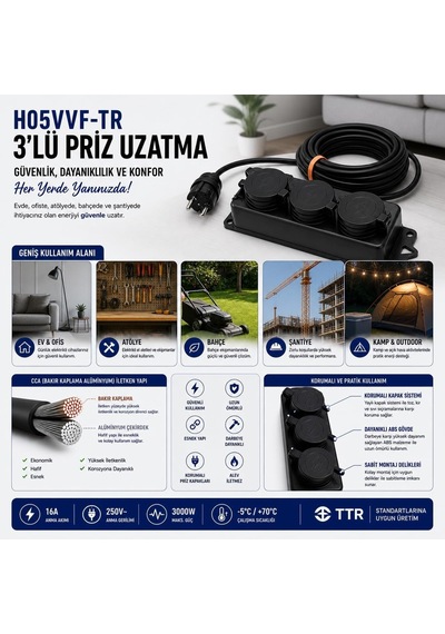 Ayrex 3'lü Grup Priz 3x2.5mm Ttr Topraklı Siyah Kauçuk Uzatma Kablosu 10 Metre 0