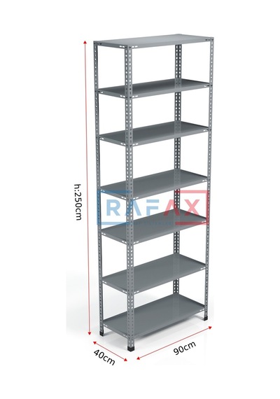 Rafax, 40x90xH:250, 7 Raflı Çelik Raf, Depo Rafı, Arşiv Rafı Gri