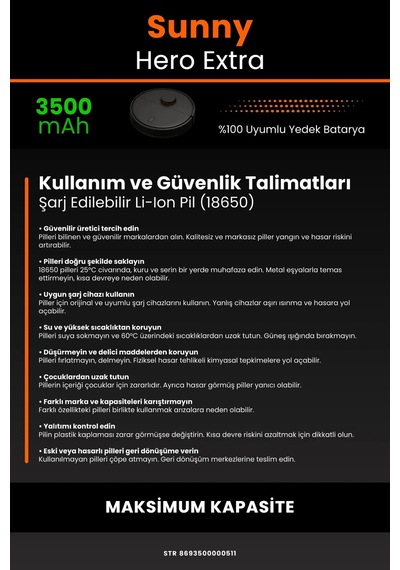 Sunny Hero Extra Uyumlu 3500mah Robot Süpürge Bataryası - Maksimum Kapasite