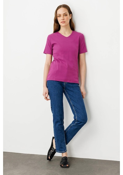 Kadın V Yaka Kaşkorse Pamuk T-shirt Sıklamen pembe