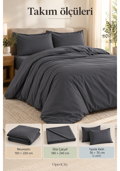 Çift Kişilik Antrasit Nevresim Takımı 4 Parça Düz Renk 180x220 Nevresim 180x240 Çarşaf 2 Yastık Klf