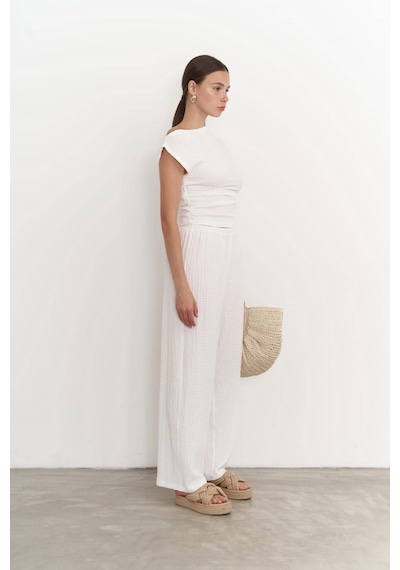 Mai Collection Mai Studios Co. Sona Beyaz Asimetrik Bluz Pantolon Takım Beyaz
