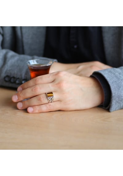 Zincir Tasarım Kaplan Gözü Taşlı 925 Ayar Gümüş Erkek Yüzük (500121508)