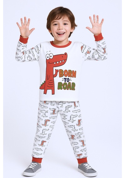 Hçm Erkek Çocuk Pijama Takımı Dinozor Baskılı Bisiklet Yaka C65 Kiremit