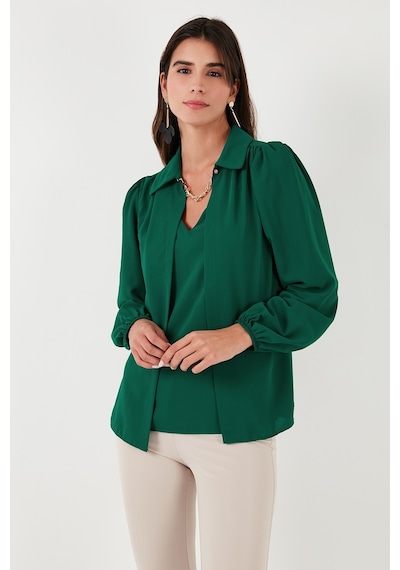 Lela Regular Fit V Yaka Balon Kol Bayan Bluz 611Bz0353 Zümrüt