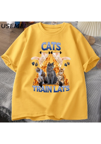 Flood Of Style Kedi Tren Lats Graphci T Shirt Komik Spor Adam Giysileri Tshirt Boy Rahat Pamuk Kısa Kollu Ti Sarı
