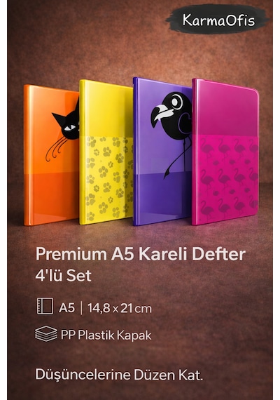 Premium A5 Kareli Defter 4 Lü Set Pp Plastik Kapak, Dayanıklı Ve Şık Tasarım