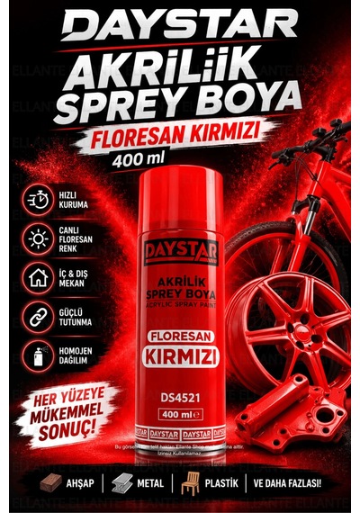 Daystar Floresan Kırmızı Akrilik Sprey Boya 400 Ml Hızlı Kuruyan Çok Amaçlı Metal, Ahşap, Plastik Çok Renkli