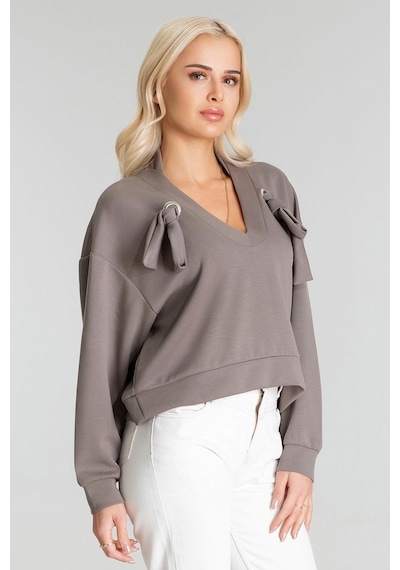 Kadın Modal Cupra Kumaş Kuşgözü Kordonlu Sweatshirt Gri