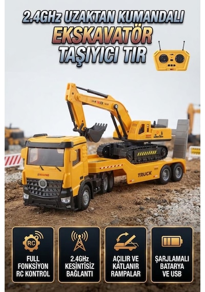 Uzaktan Kumandalı Şarjlı Axor & Römorklu Ekskavatör Taşıyıcı Tır 82 Cm 2.4 Ghz Oyuncak İş Makinesi