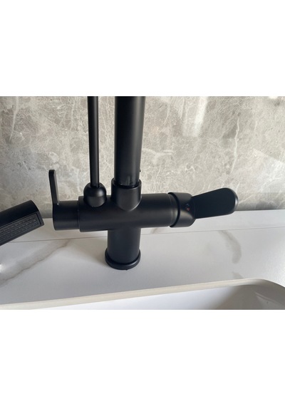 Mutfak Eviye Bataryası Dual Flow Arıtma Çıkışlı Duş Şelale 3 Fonksiyon Mat Siyah